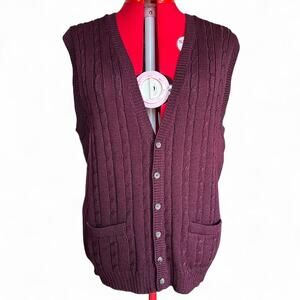 Burgundy 100% Wool Cable Knit Button Up Sweater Vest With Front Pockets
